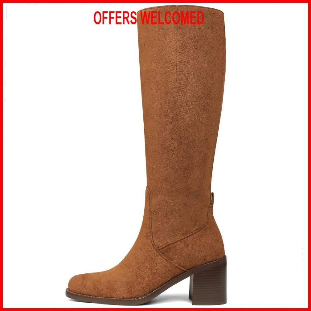 Knee High Boots Women Chunky Heel Side Zipper Almond Toe Fashion Boots